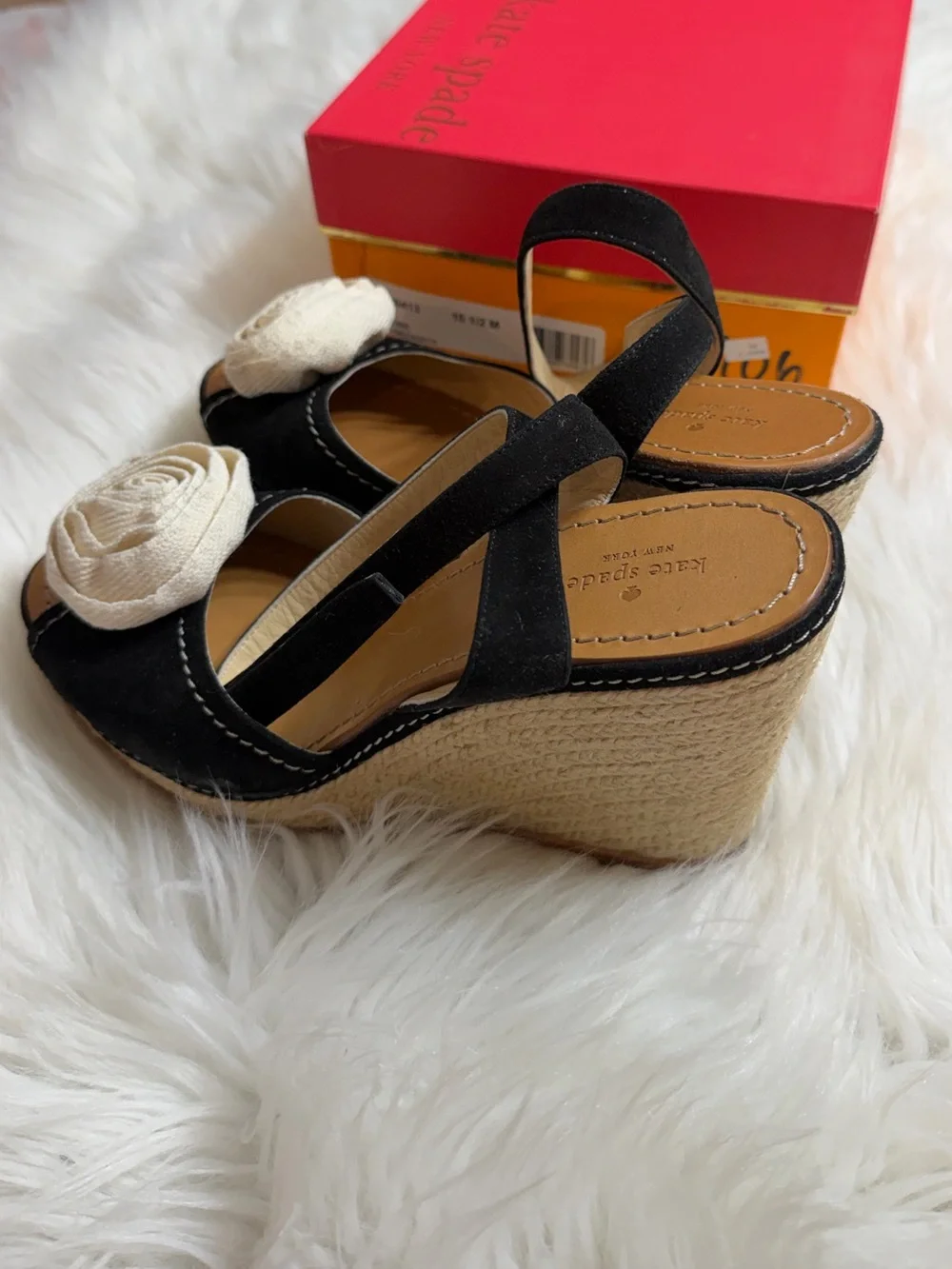 Kate Spade Black Suede Wedge Sandals with Cream Rosette 10.5